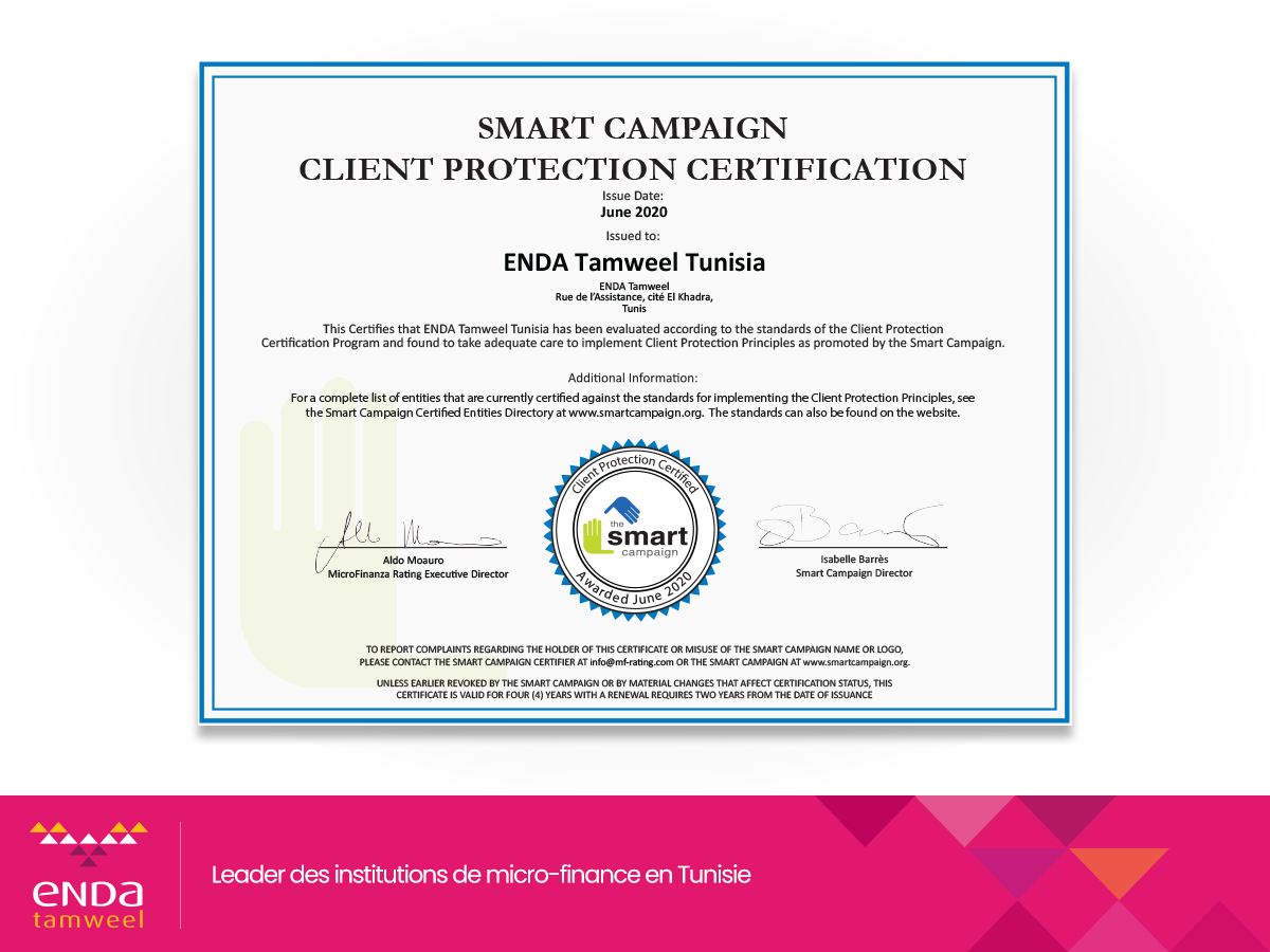 Renouvellement de la certification Smart Campaign accordée à Enda Tamweel