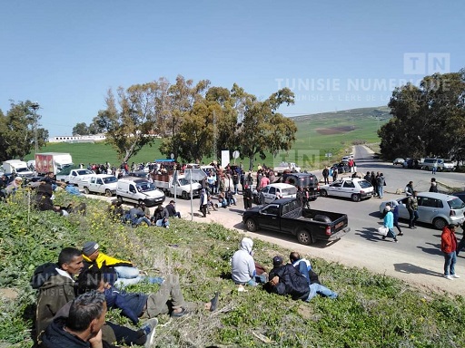 Tunisie [Photos]: Des manifestants bloquent la route R52 reliant Béja à Nefza pour protester contre la pénurie de l’ammonitrate