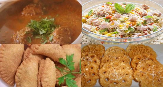 Menu du jour : Soupe de blé concassé (Chorba frik), brik danouni, salade de riz, chbabek jena