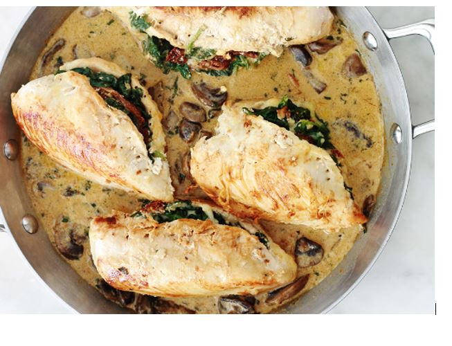 Recette : Poulet farci aux épinards, et sauce crémeuse aux champignons