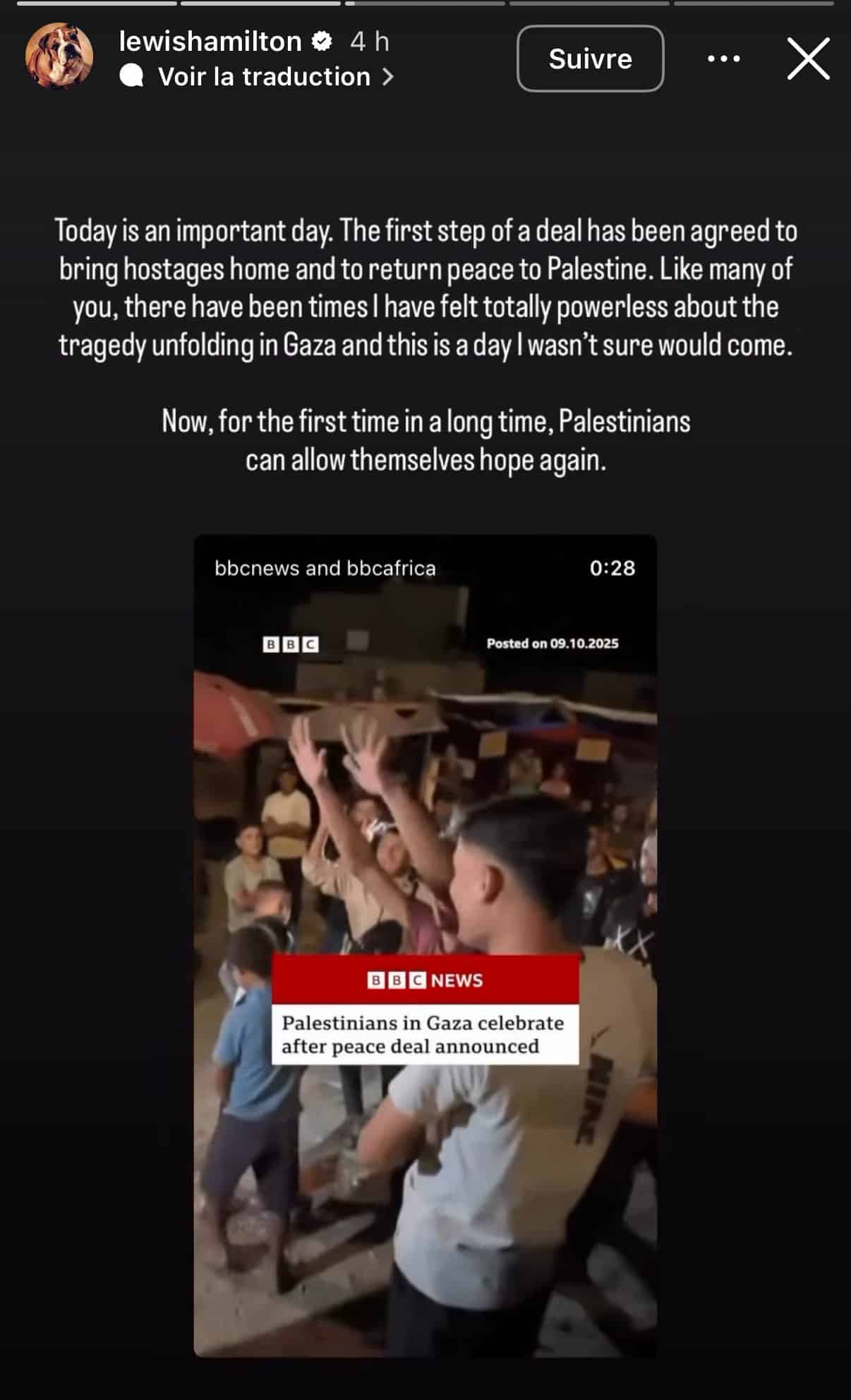 Le message du champion du monde de Formule 1, Lewis Hamilton sur Gaza ...